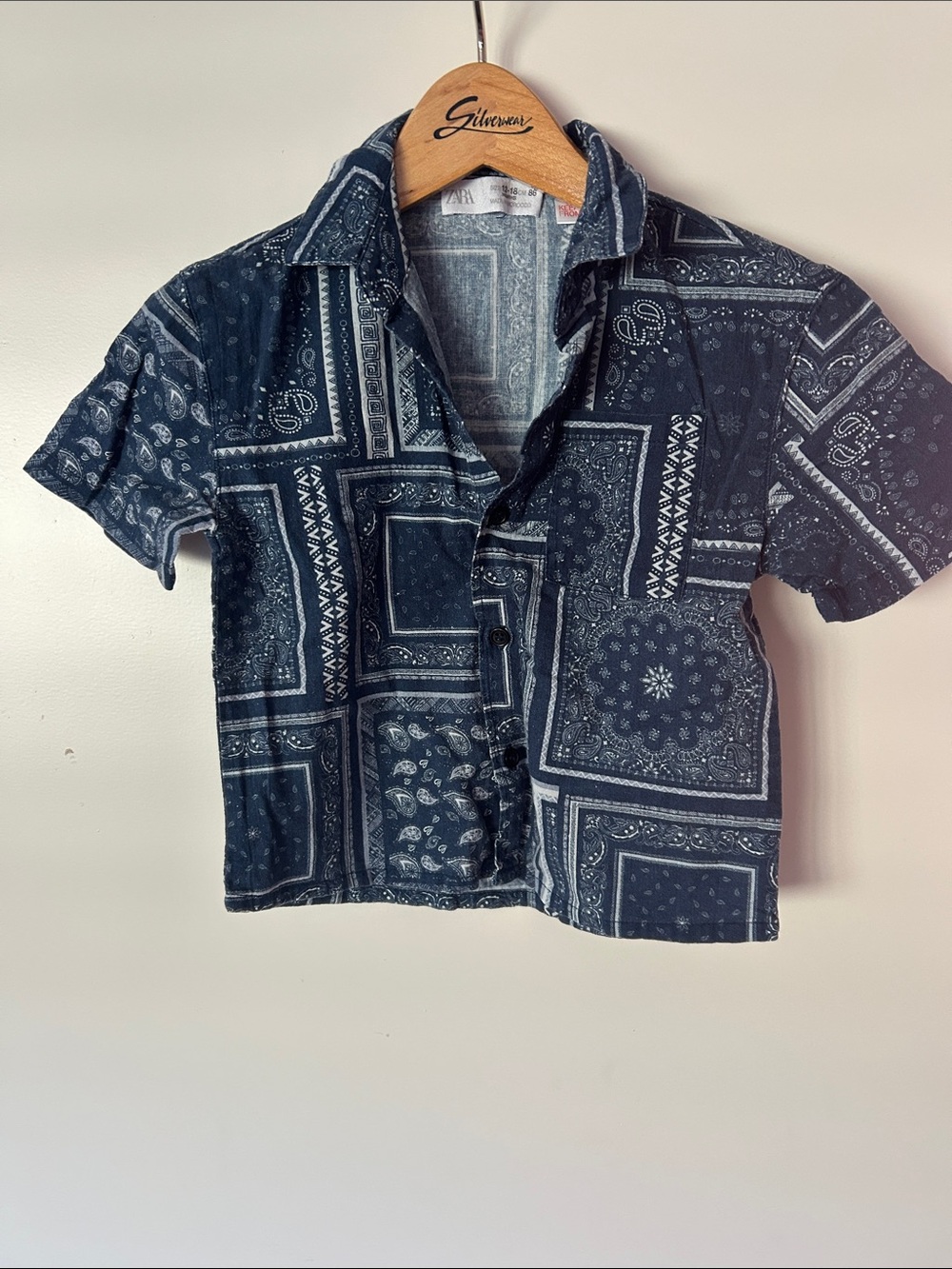 Zara Navy Bandana Print Short Sleeve Button Shirt size 12-18m